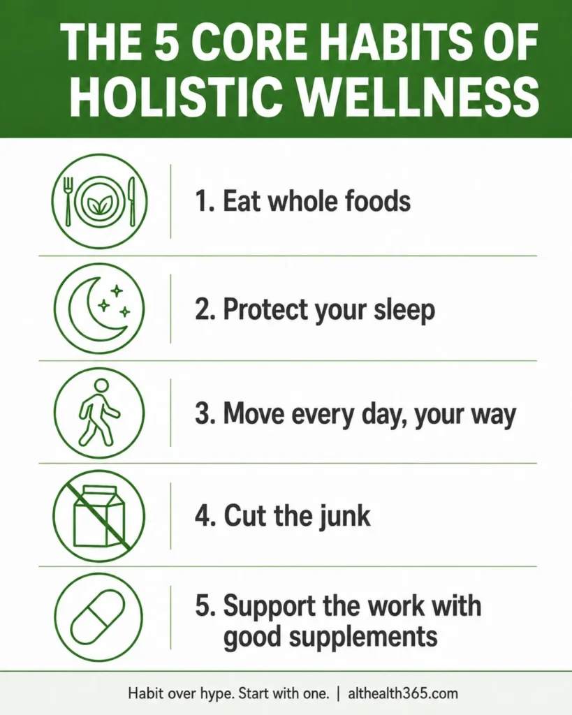 Infographic answering what is holistic wellness: the five core habits including whole foods, sleep, movement, and smart supplementation