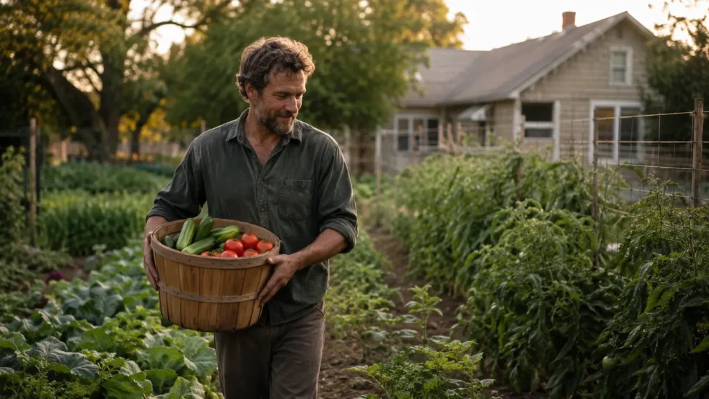 Man carrying fresh vegetables from his garden, a whole-foods foundation of holistic wellness