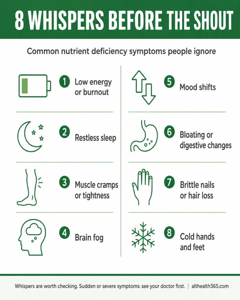Infographic listing 8 common nutrient deficiency symptoms including low energy, restless sleep, muscle cramps, and brain fog