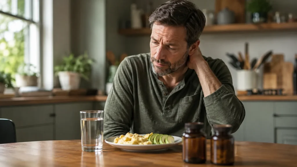 Man in his 40s hitting the 2pm energy wall at his desk, a common nutrient deficiency symptom