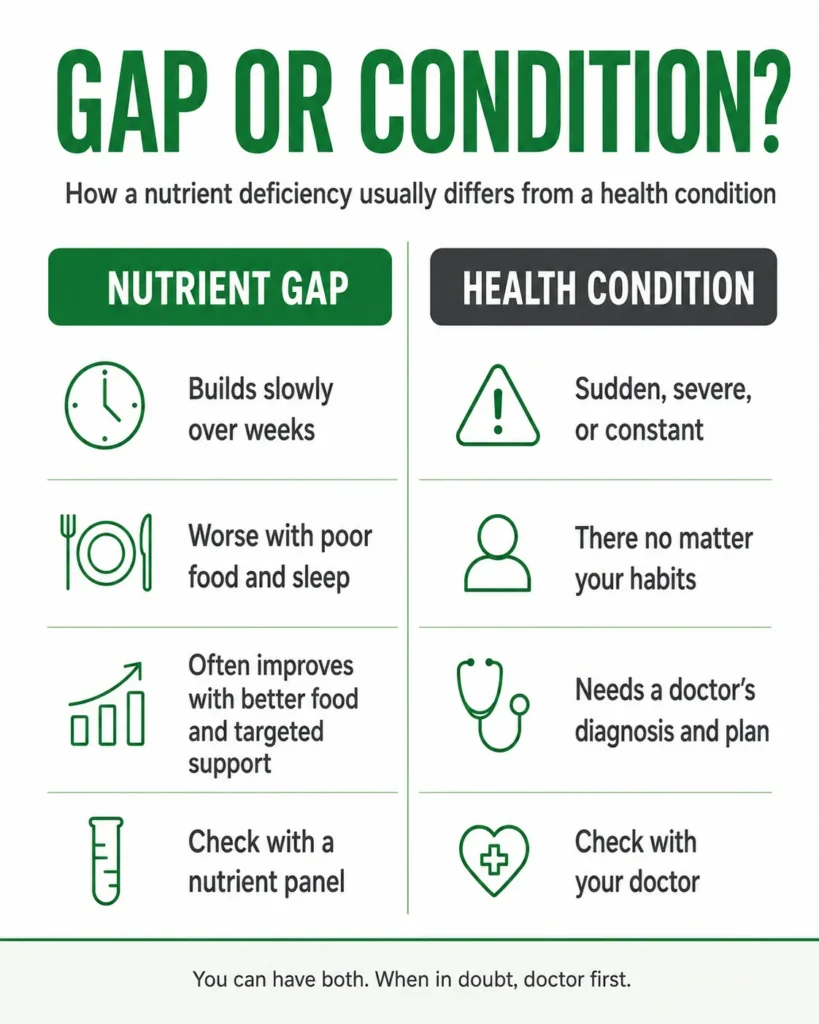 Comparison infographic showing the differences between a nutrient deficiency and a health condition