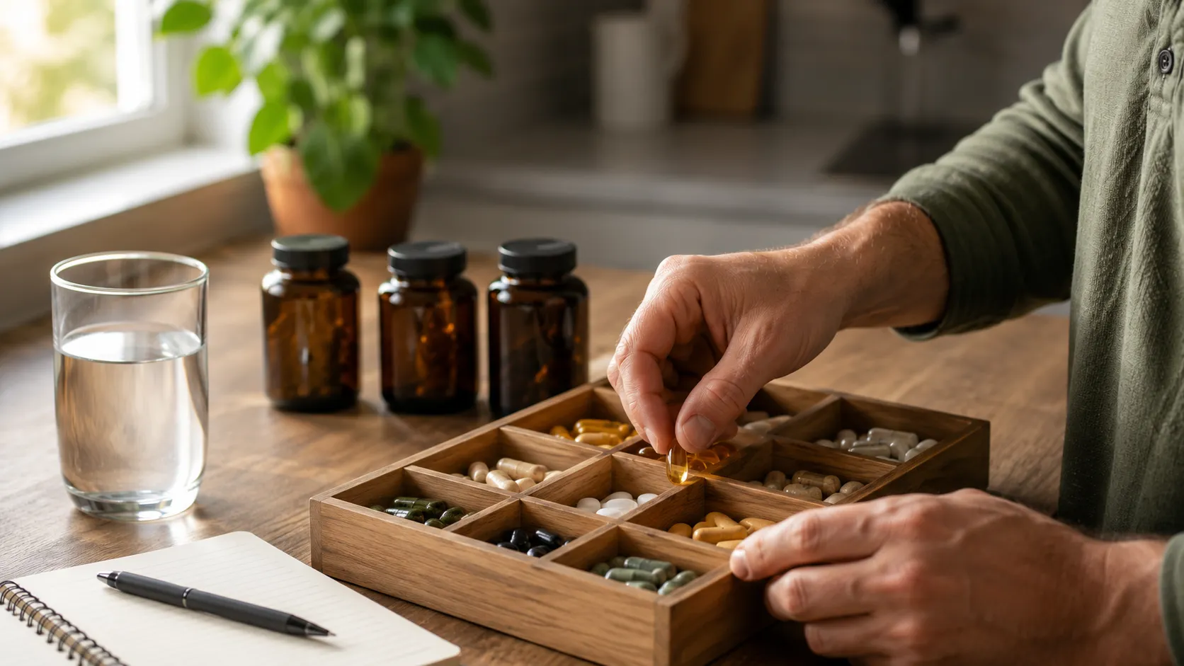 Man organizing his daily supplement stacking routine into a weekly tray for energy, sleep, and focus