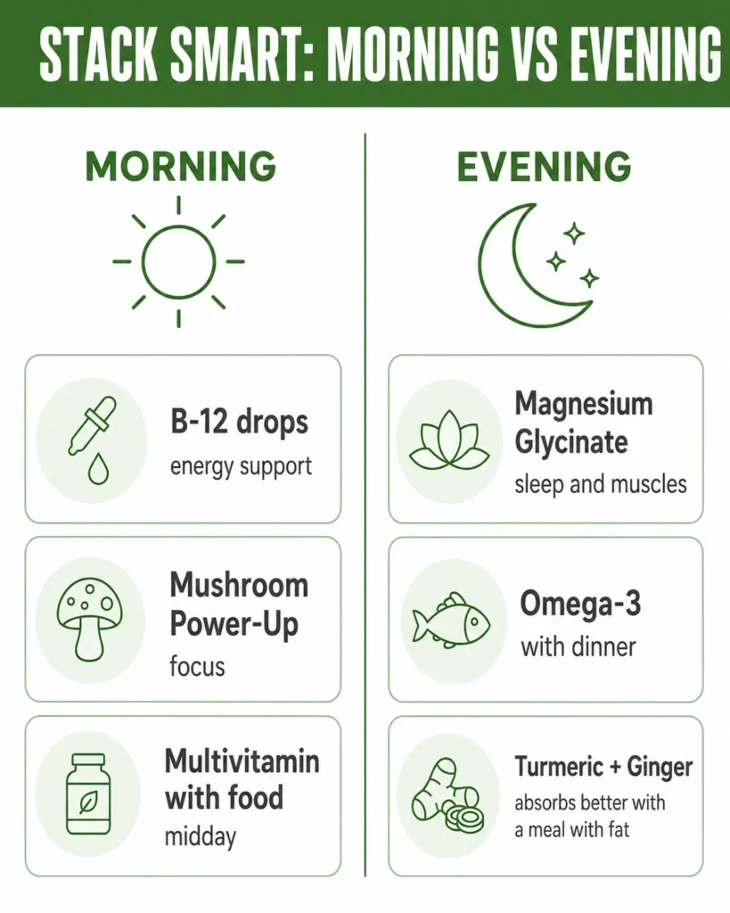 Supplement stacking schedule infographic showing which supplements to take in the morning versus the evening