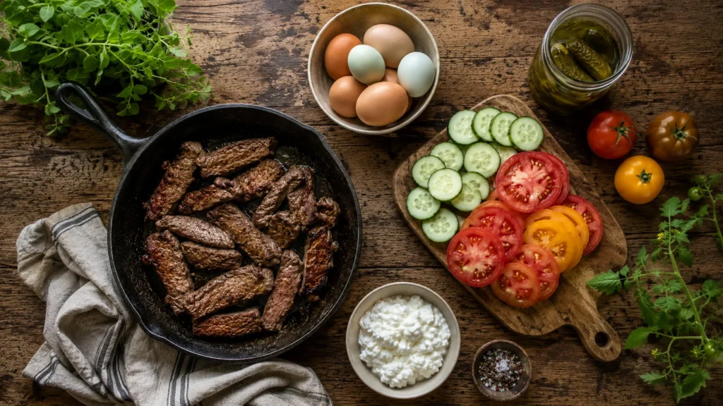 Whole food meal prep with steak, eggs, and garden vegetables, the first step before supplements