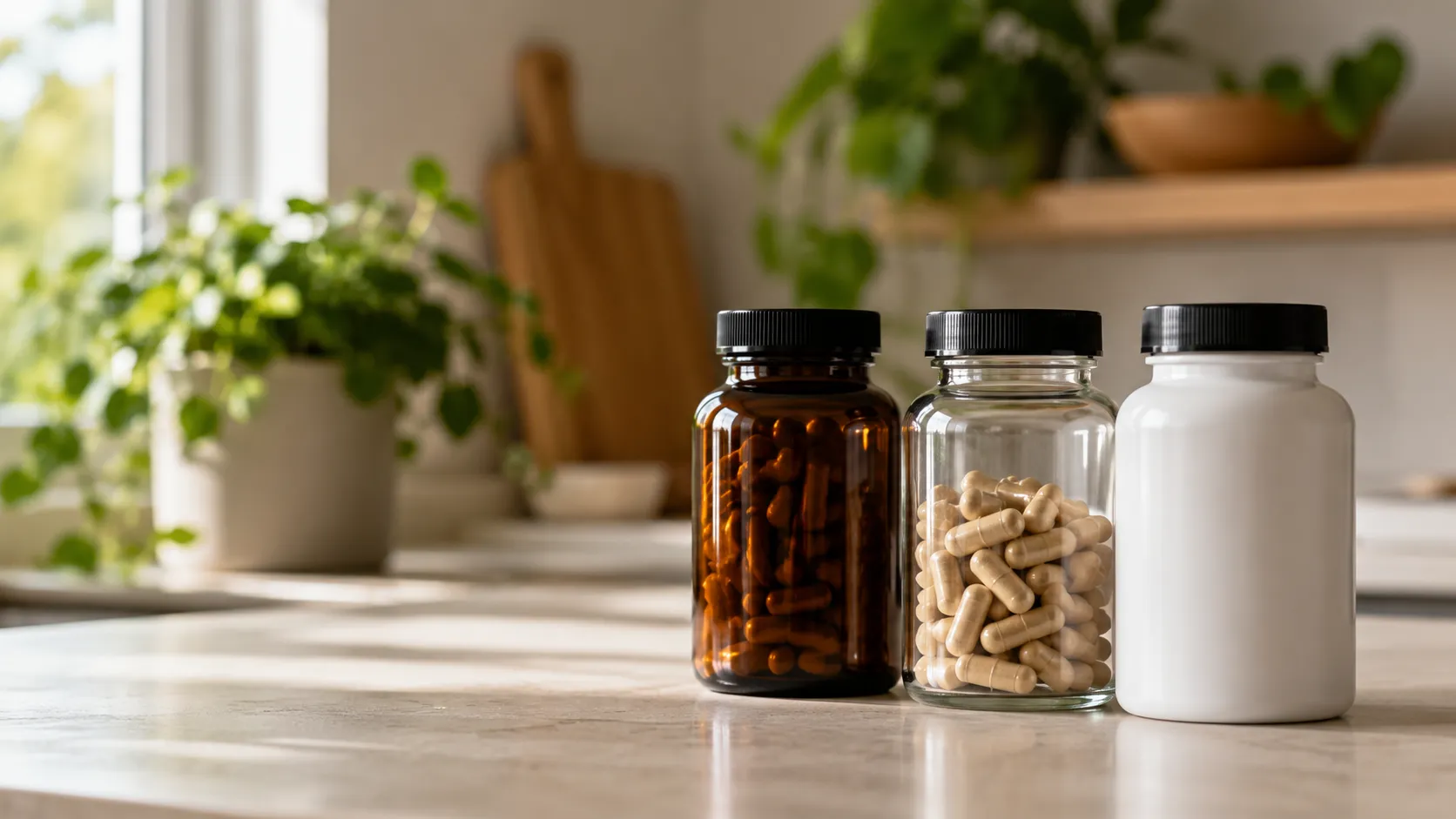 Magnesium glycinate vs citrate vs oxide: three supplement bottles on a clean kitchen counter