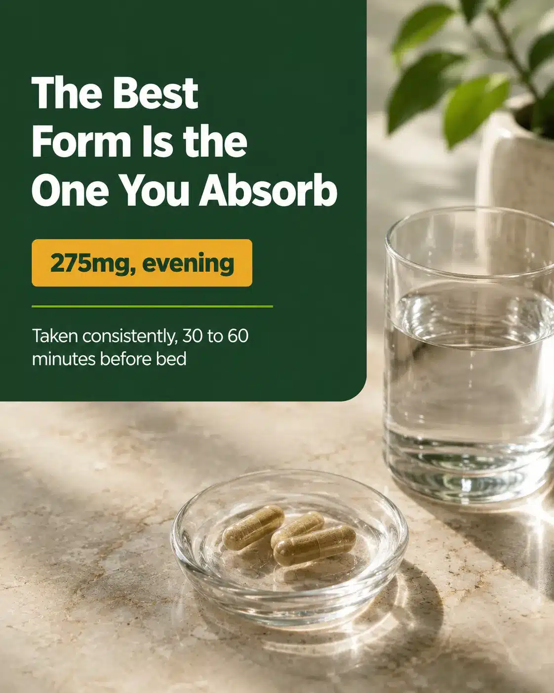 Card reading the best magnesium is the one your body absorbs and you will take every night, with 275mg evening serving note