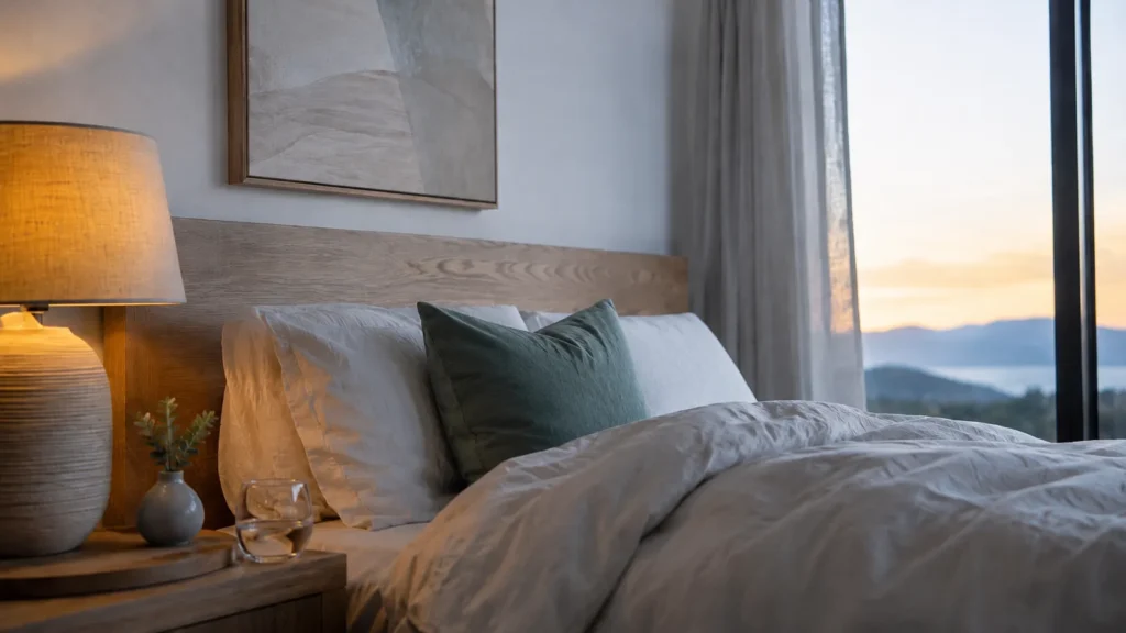 A man in his forties resting peacefully in a calm, cool, dimly lit bedroom in the early morning