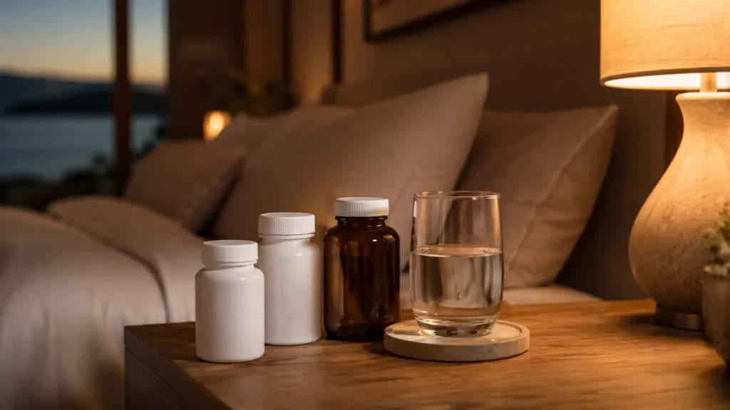 Evening supplement stack for recovery: magnesium, omega-3, and turmeric on a nightstand