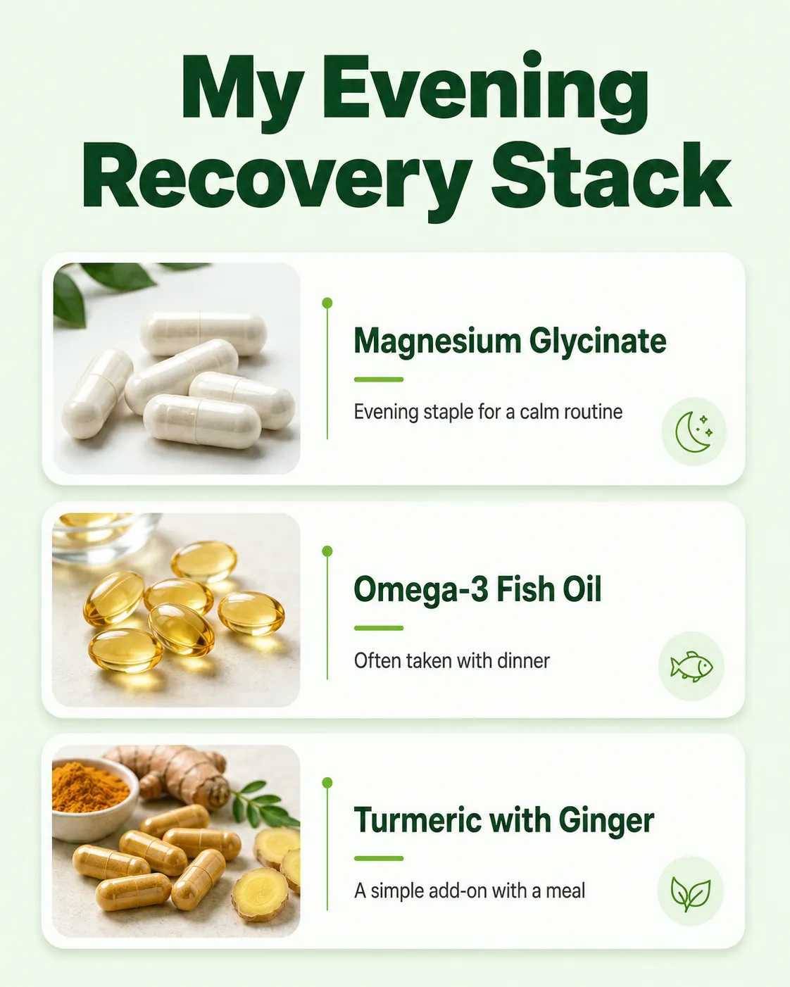 Evening supplement stack for recovery infographic: magnesium glycinate, omega-3, and turmeric with ginger