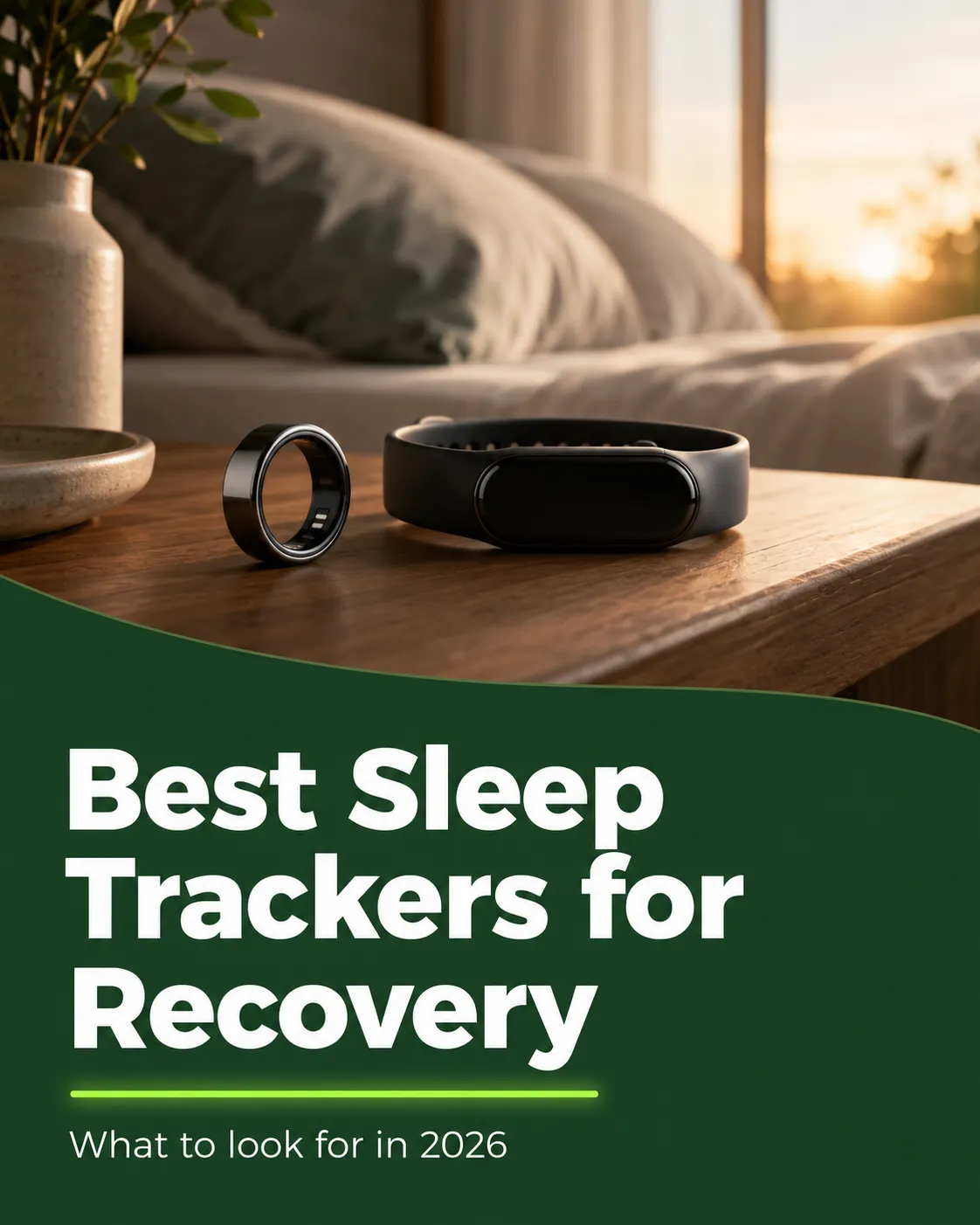 An unbranded smart ring and slim fitness band on a nightstand at dawn