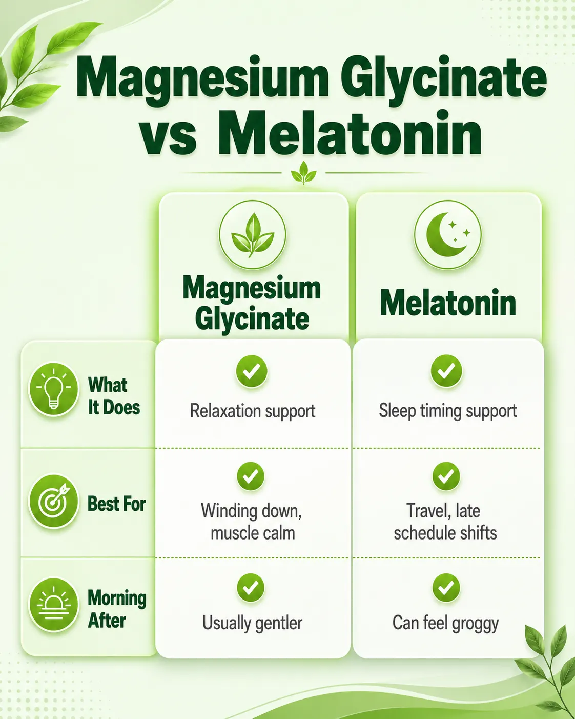 Magnesium glycinate vs melatonin comparison chart showing what each does, best for, and morning after