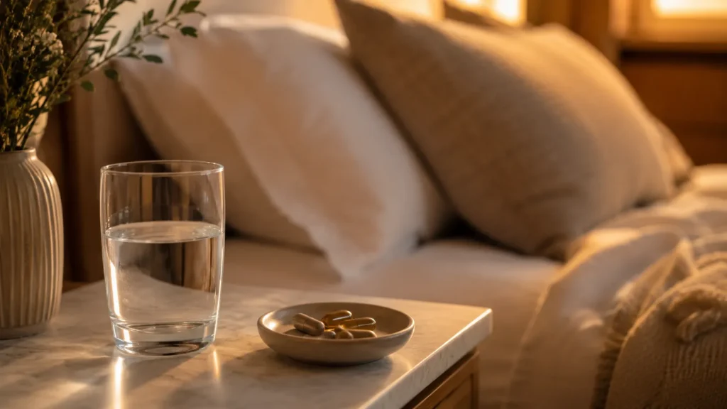 A calm bedside scene with a glass of water and supplement capsules under soft evening light