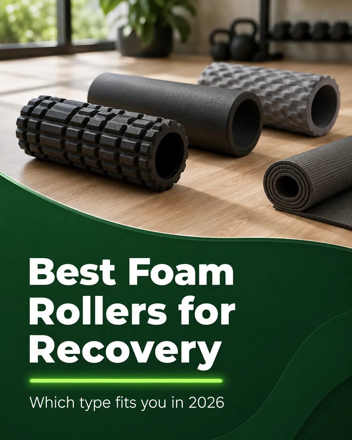 Unbranded foam rollers of different textures on a wood gym floor