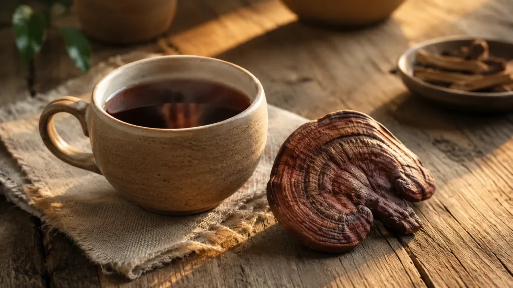 A warm mug of mushroom tea and dried reishi on a calm wooden table in soft evening light