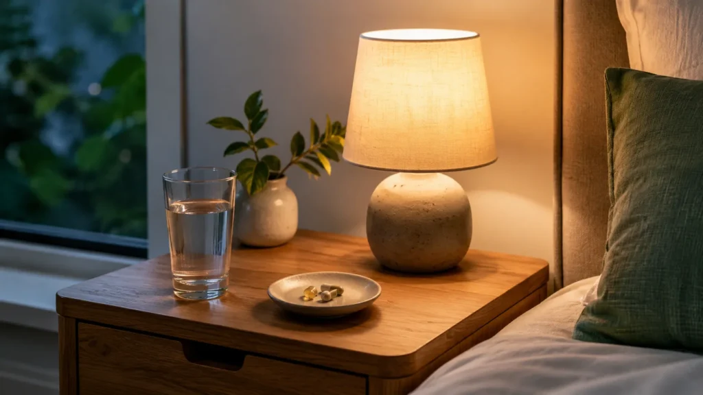 Calm bedside scene representing an evening magnesium glycinate for sleep routine