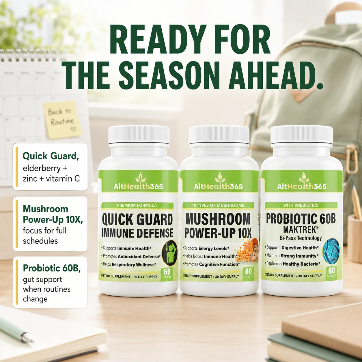 What's inside the Back to Routine Bundle: Quick Guard, Mushroom Power-Up 10X and Probiotic bottles