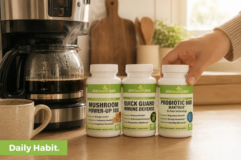 back to routine supplement stack next to coffee maker for habit stacking