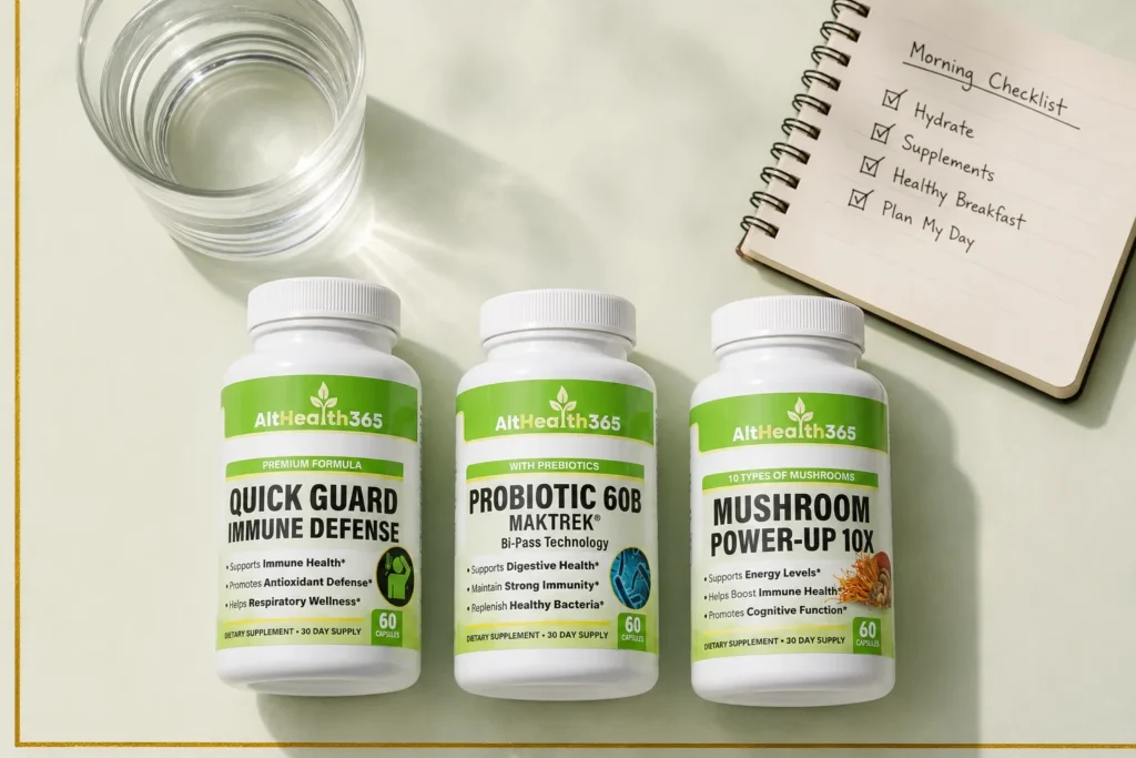 morning routine anchors water bottle and supplement stack