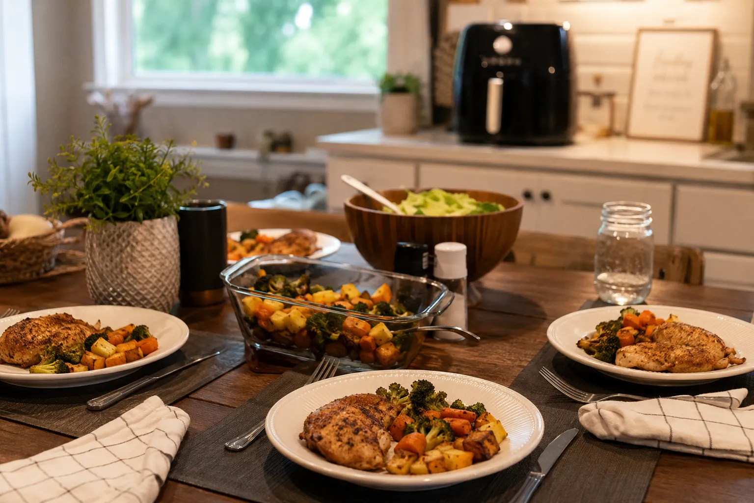 family dinner plated with air-fried chicken and vegetables