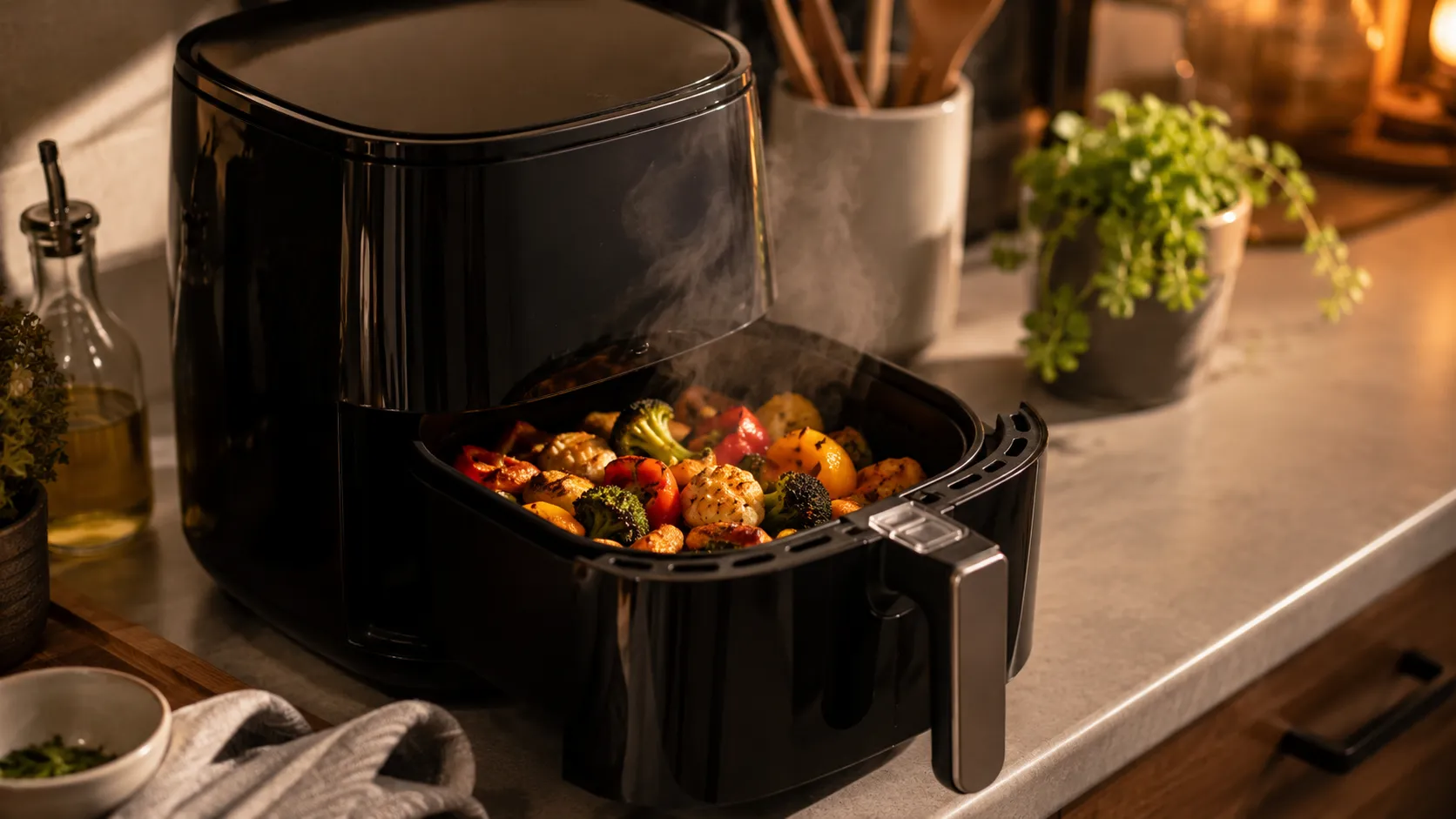 best air fryers for healthy cooking shown with crispy vegetables and steam rising