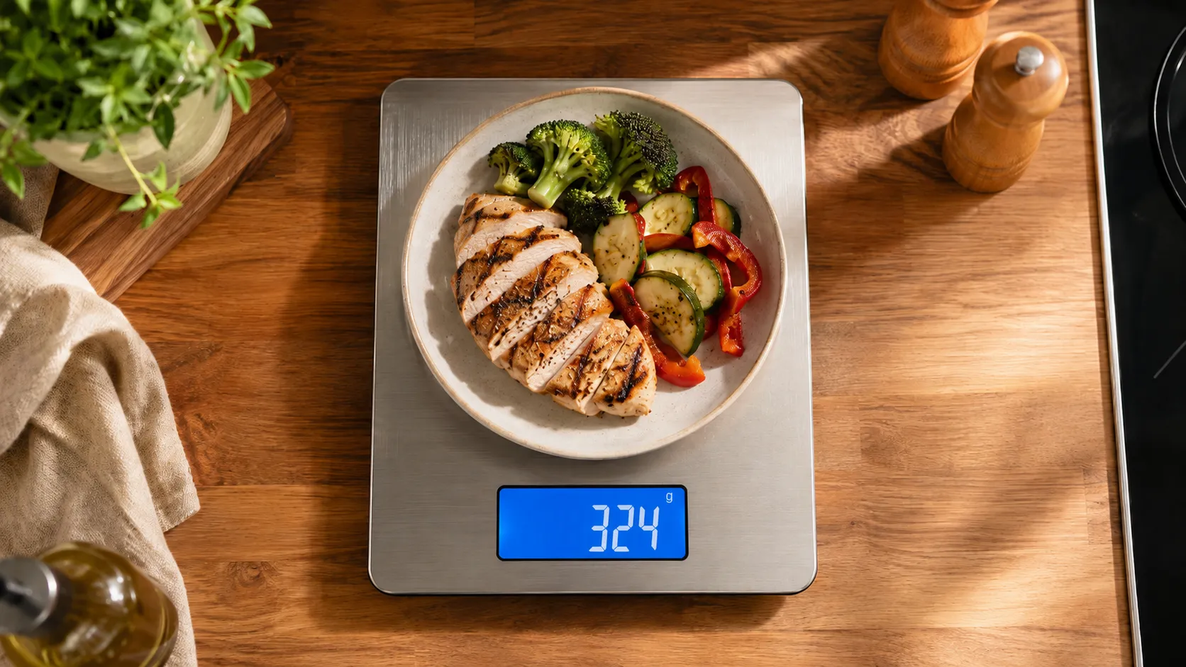 best food scales for weight loss shown weighing a portion of chicken and vegetables