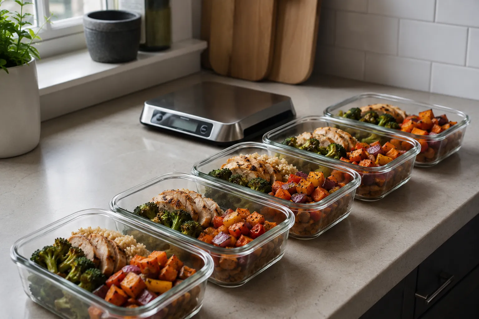 meal prep containers next to a kitchen scale on the counter