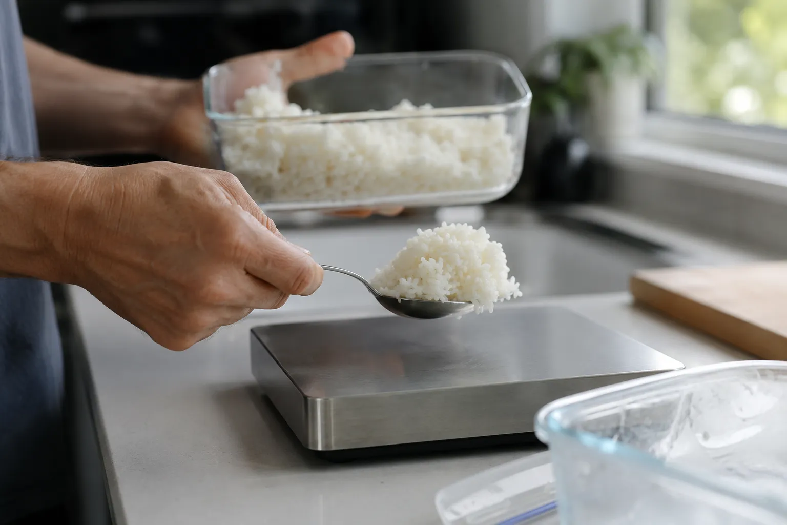 hands placing a portion of rice onto a kitchen scale
