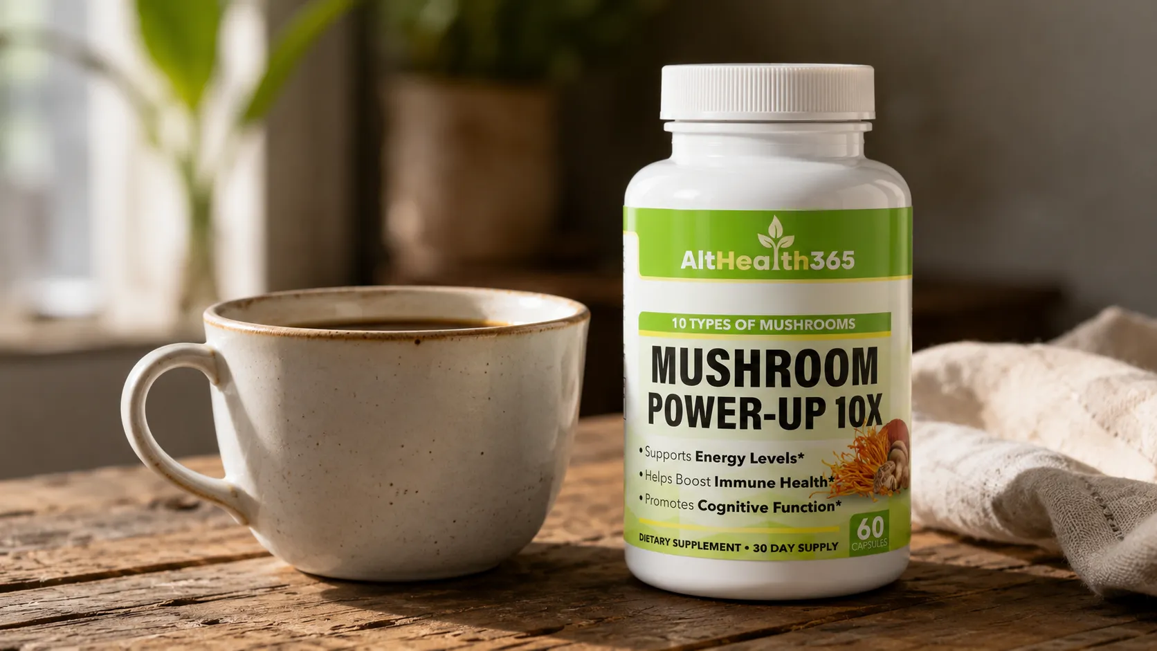 Mushroom Power-Up 10X bottle featuring cordyceps for energy support