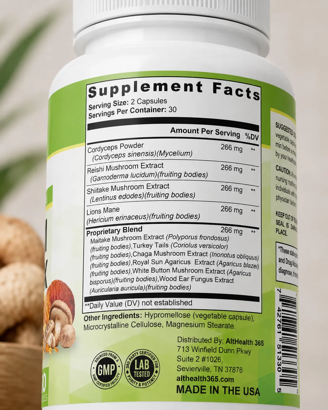 supplement facts panel showing cordyceps in Mushroom Power-Up 10X