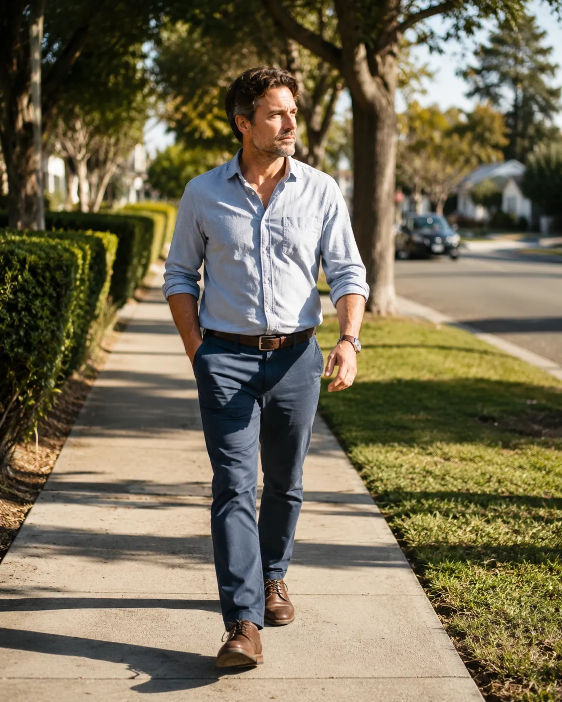 man taking a short afternoon walk outside to fight an energy crash