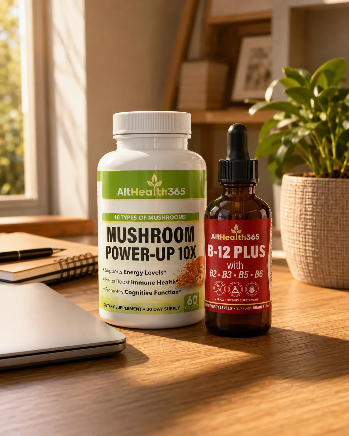 Mushroom Power-Up 10X and B-12 Plus Drops on a home office desk