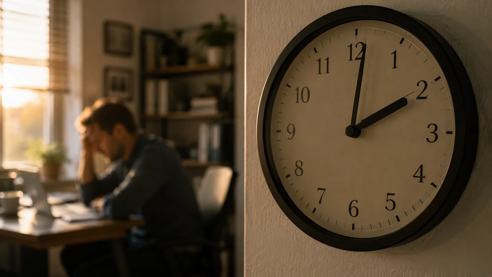 wall clock nearing 2 PM with a tired man blurred in the background at his desk