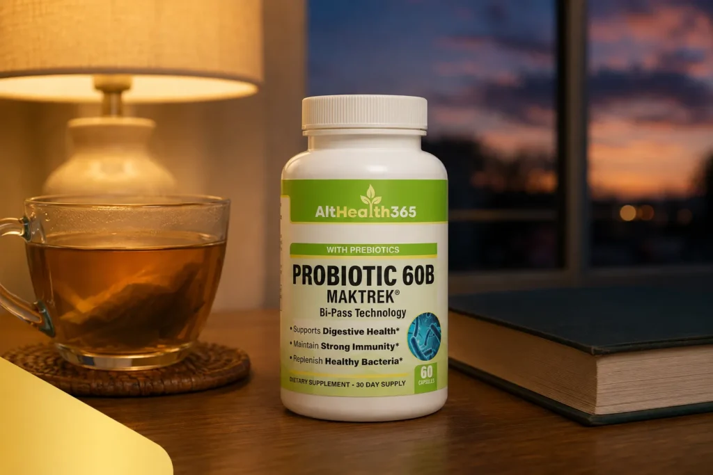 evening supplement routine anchor with gut health probiotic bottle