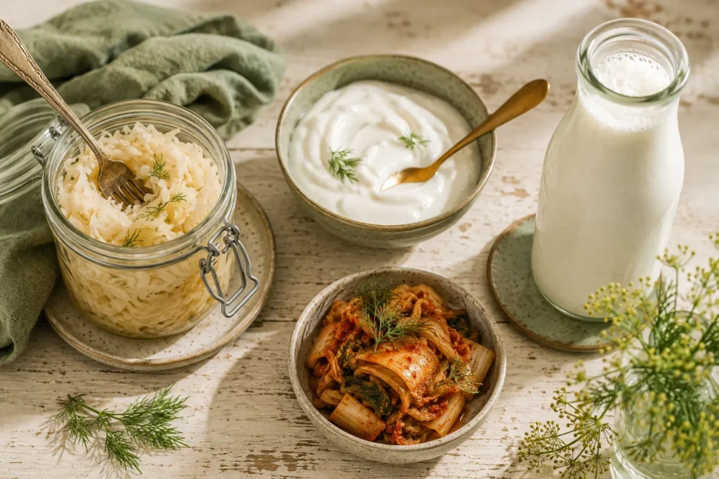 fermented foods like sauerkraut, yogurt and kefir as natural probiotic sources