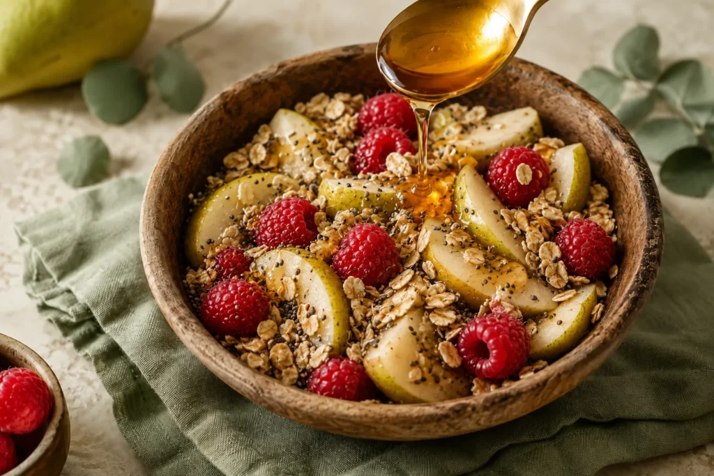 bowl of fiber-rich oats, chia seeds and berries that feed good gut bacteria