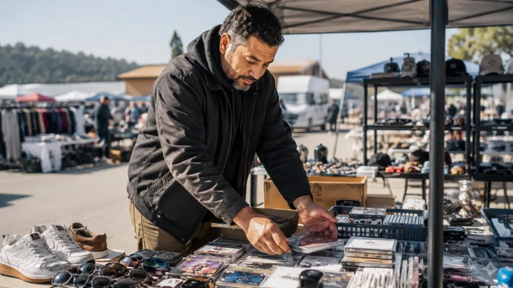 Man standing on concrete at a flea market stall, the everyday physical work behind his turmeric routine