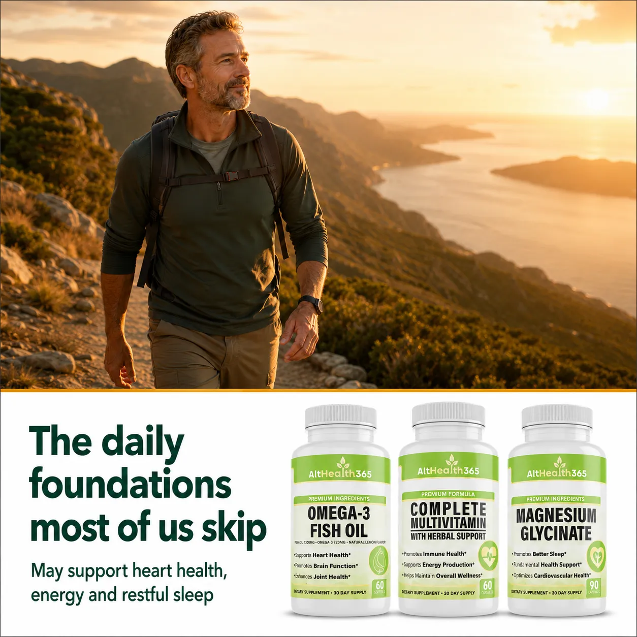 The Heart & Vitality Stack bottles styled for a heart-healthy daily routine