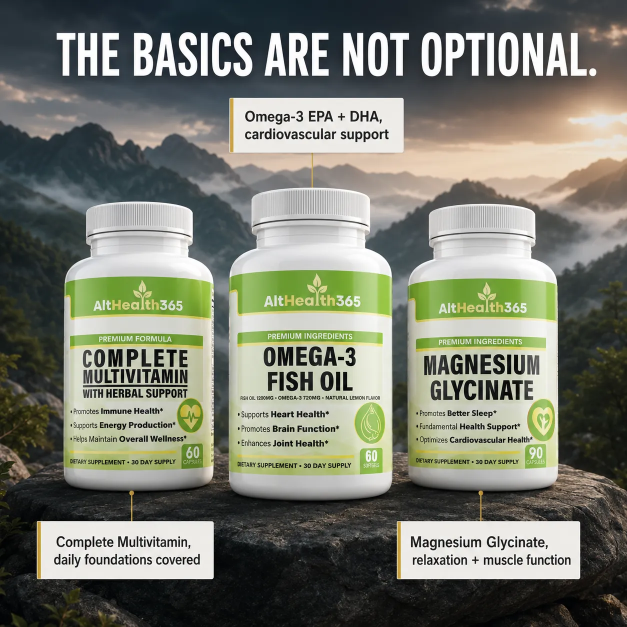 What's inside the Heart & Vitality Stack: Omega-3 Fish Oil, Magnesium Glycinate and Complete Multivitamin bottles
