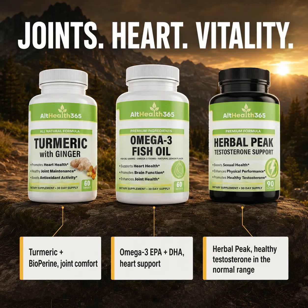 What's inside the Men's Peak Stack: Turmeric, Omega-3 Fish Oil and Testosterone Support bottles