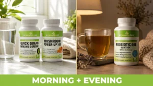morning and evening supplement routine bottles split scene