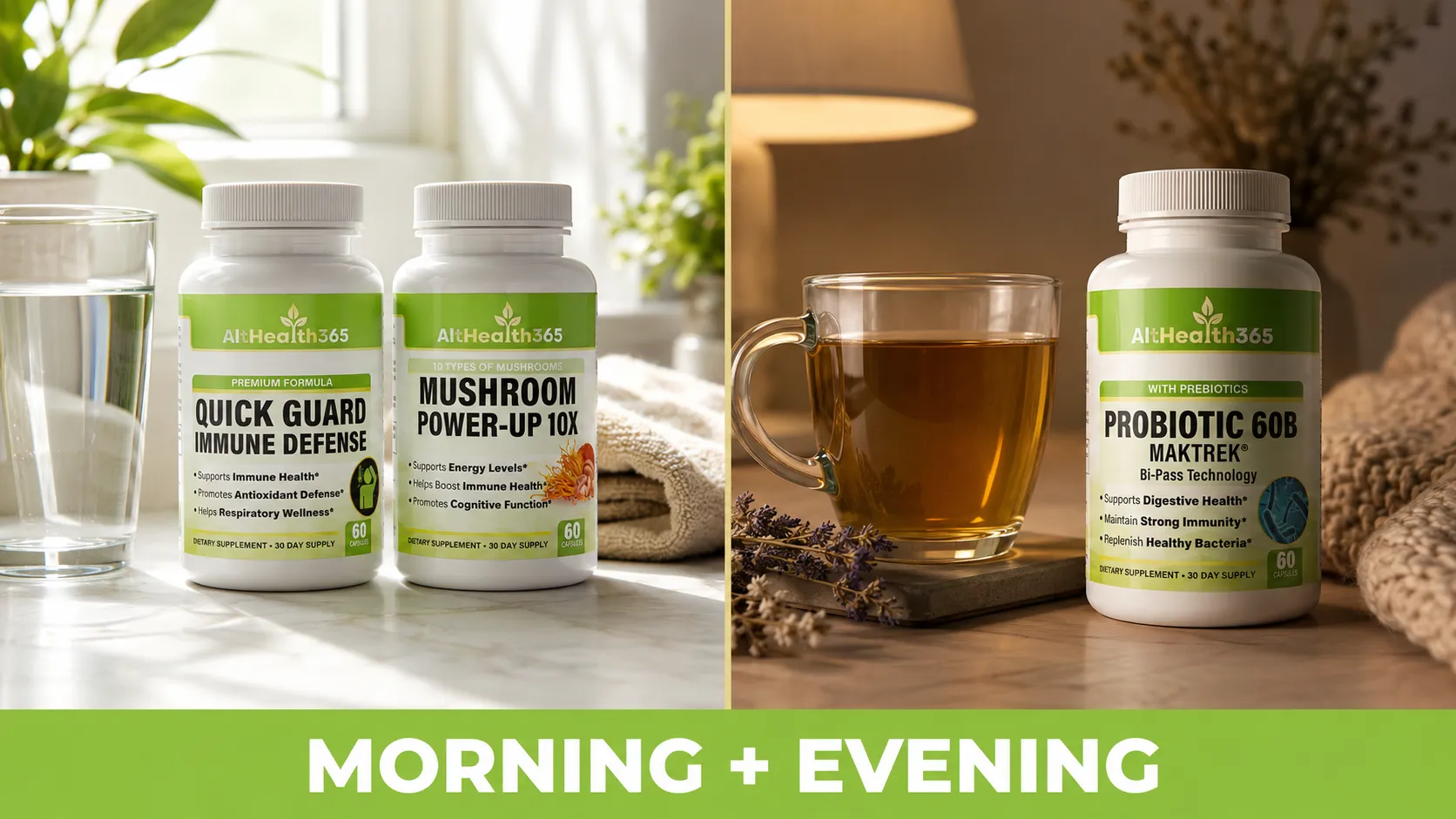morning and evening supplement routine bottles split scene