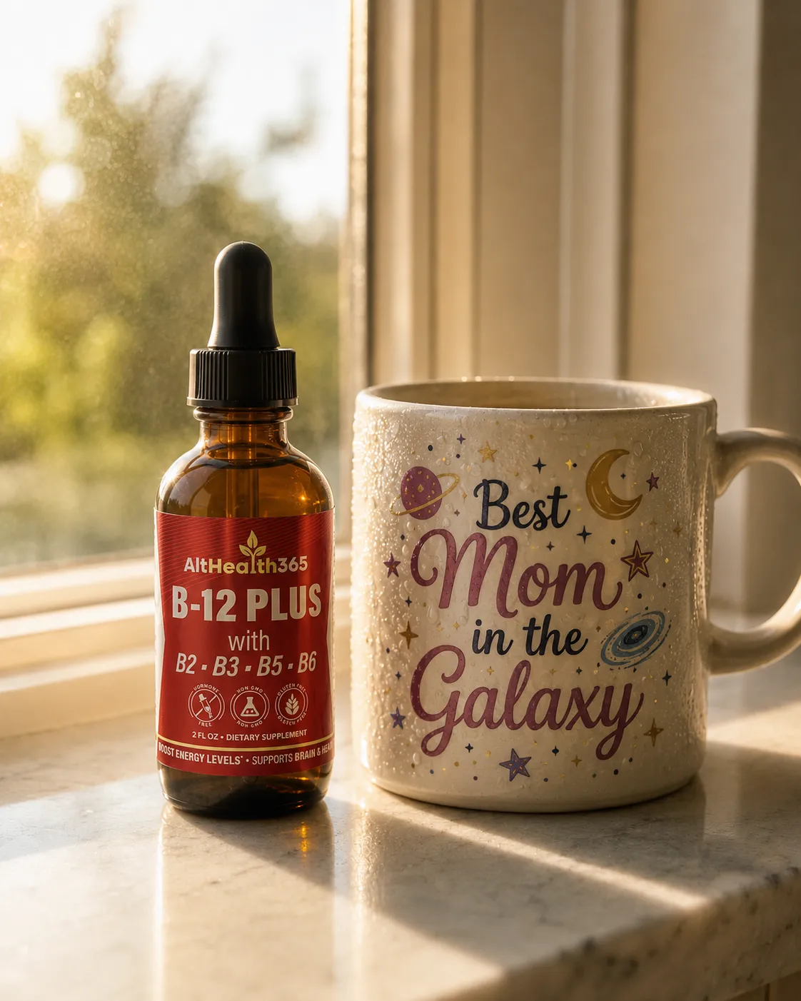 B-12 Plus Drops on a sunlit windowsill as the first step of a morning routine