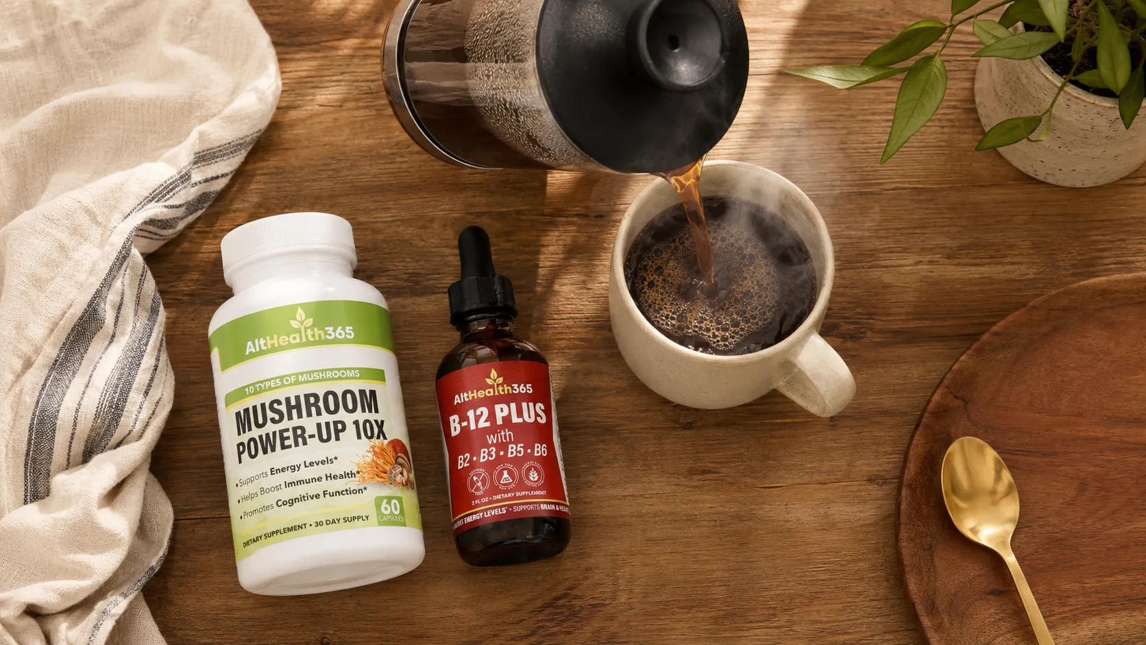 morning coffee pour with mushroom coffee blend and B-12 drops on the table