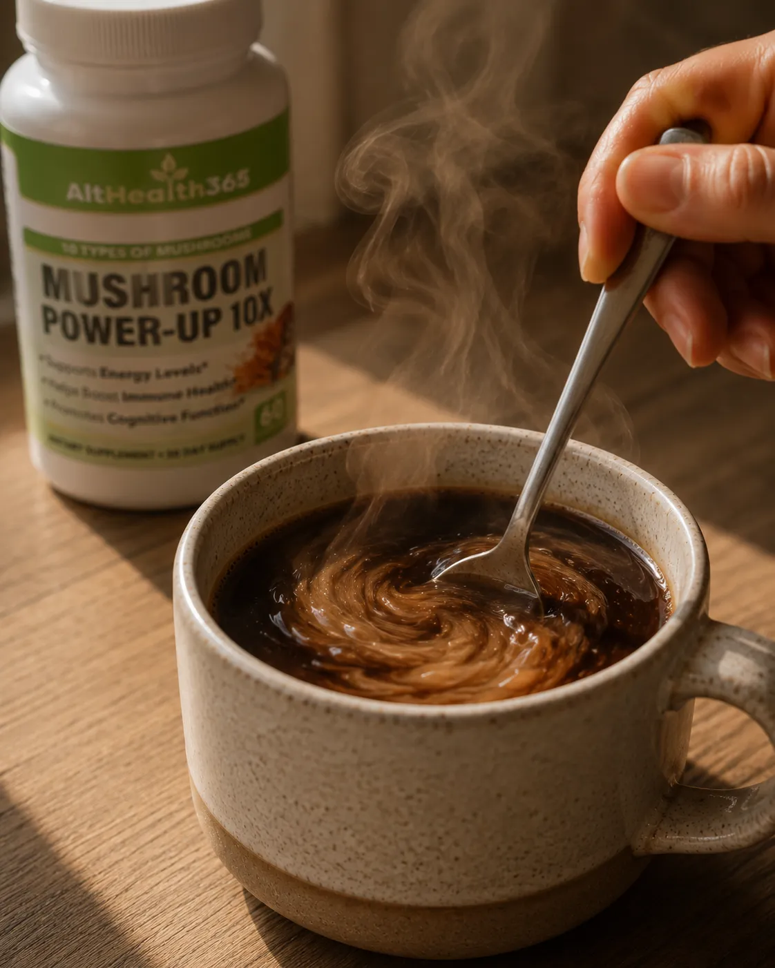 stirring mushroom coffee blend into morning coffee for steady energy