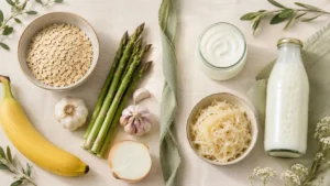 prebiotics vs probiotics shown with prebiotic foods and fermented probiotic foods