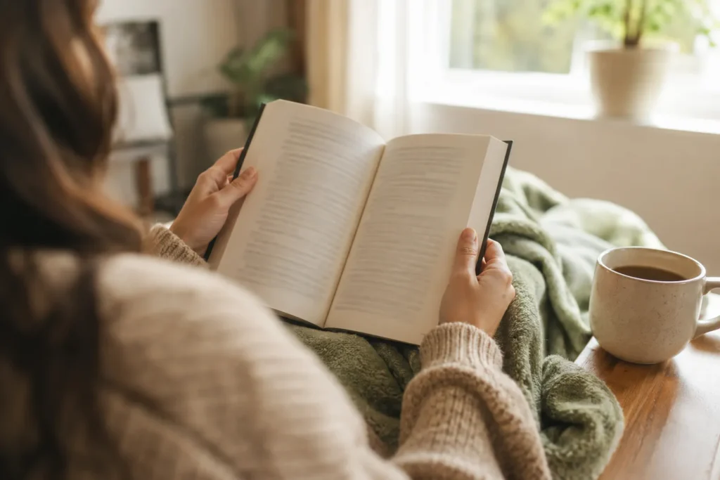 reading a gut health book with morning coffee, learning before changing habits