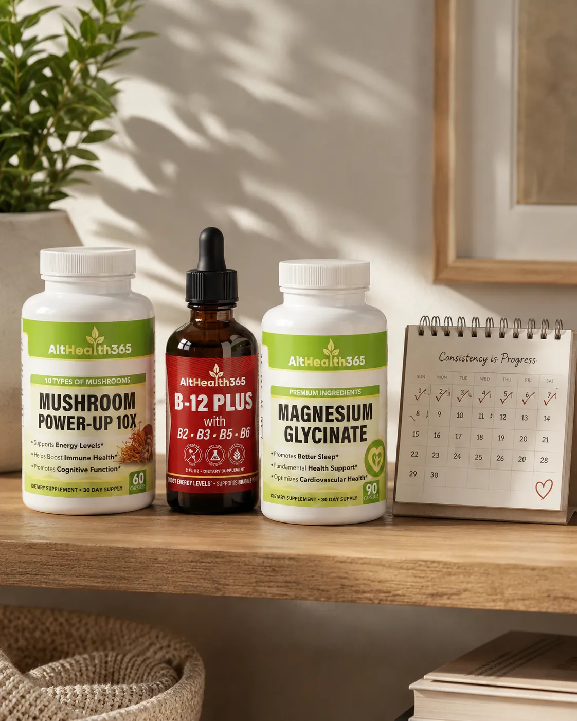 Restart Stack supplement bottles next to a calendar marking daily routine consistency