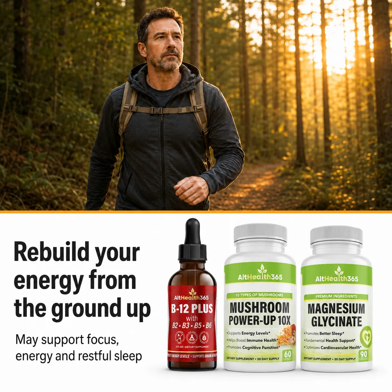 The Restart Stack supplements on a bedside table as part of a morning and evening routine