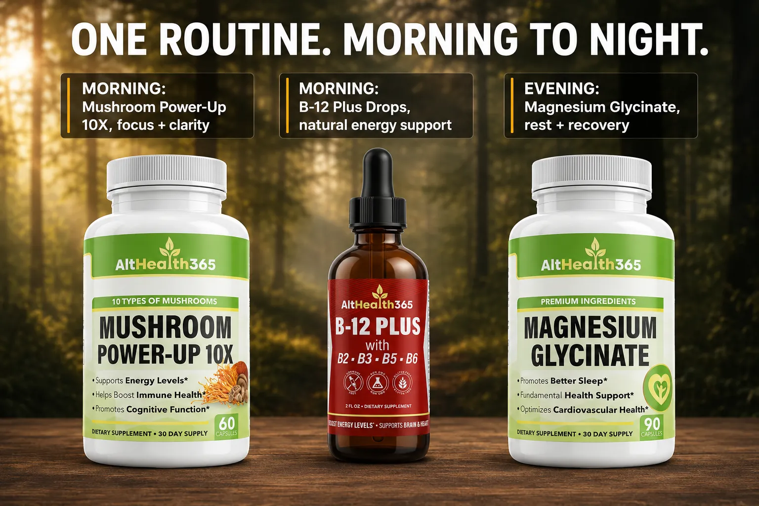 What's inside the Restart Stack: Mushroom Power-Up 10X, Magnesium Glycinate and B-12 Plus bottles