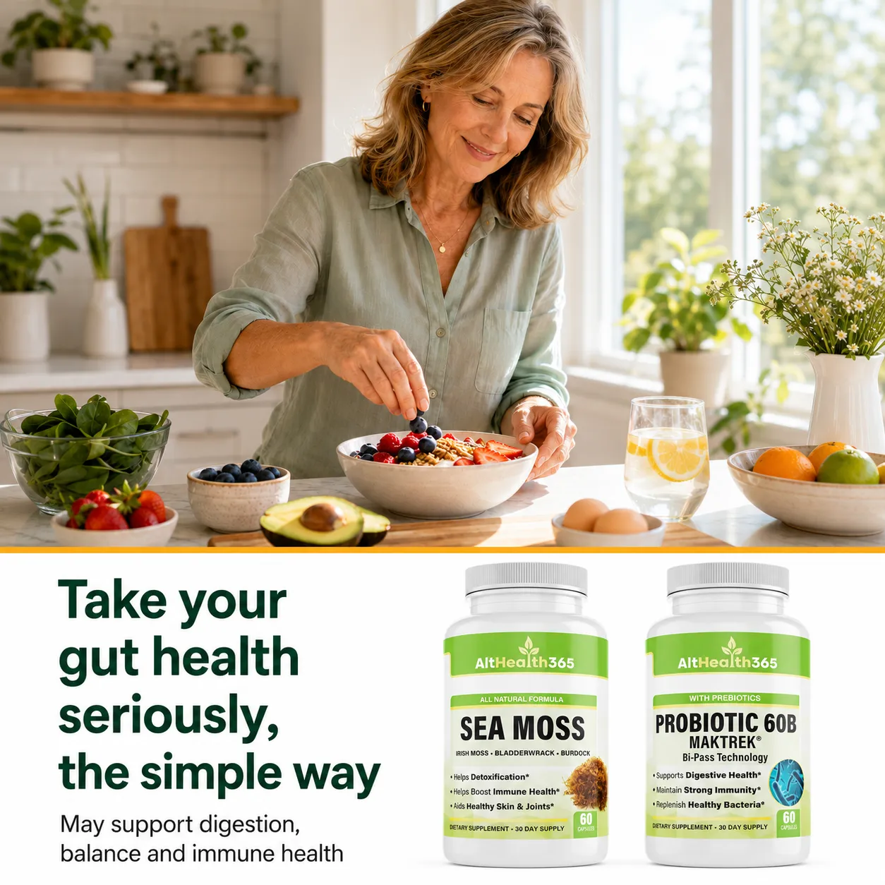 The Gut Reset Duo lifestyle shot with Sea Moss and Probiotic bottles